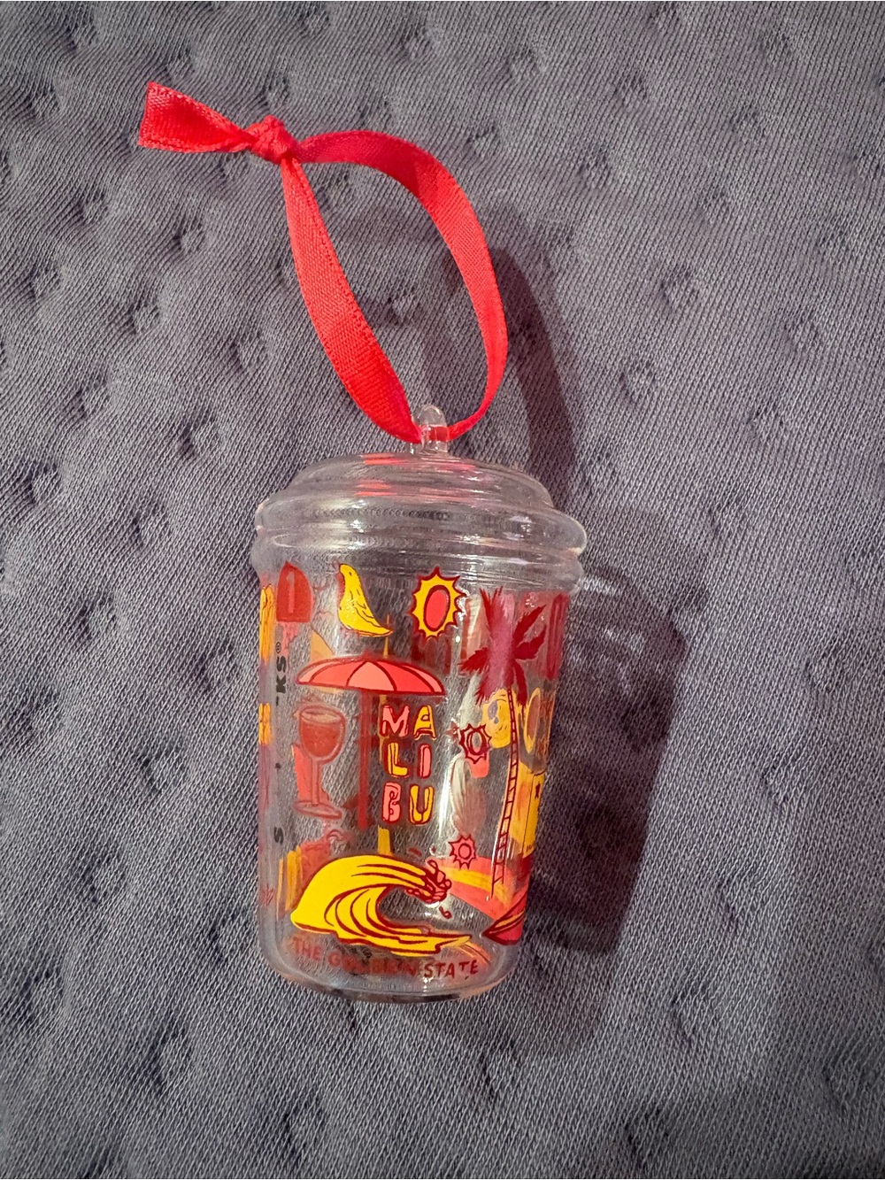 Starbucks Clear Mini Cup Ornament with Red and Yellow California Graphics